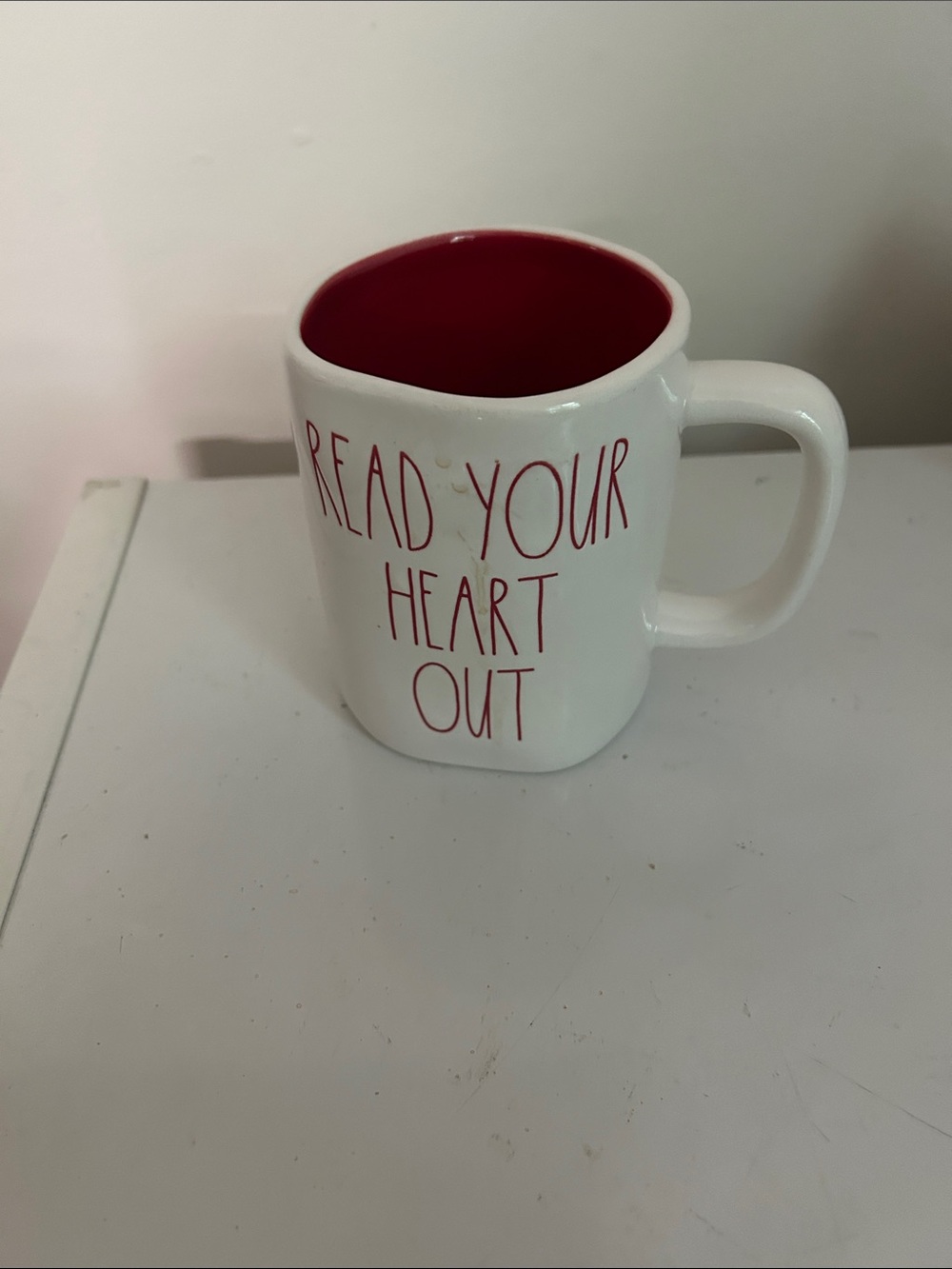 Rae Dunn White Mug with Red Interior and Red Lettering